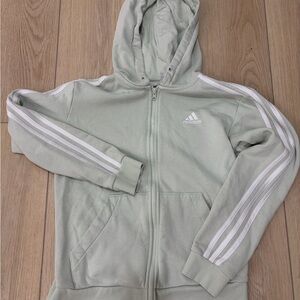 Adidas Light Green Zip Up Hoodie with White Stripes. Size Small